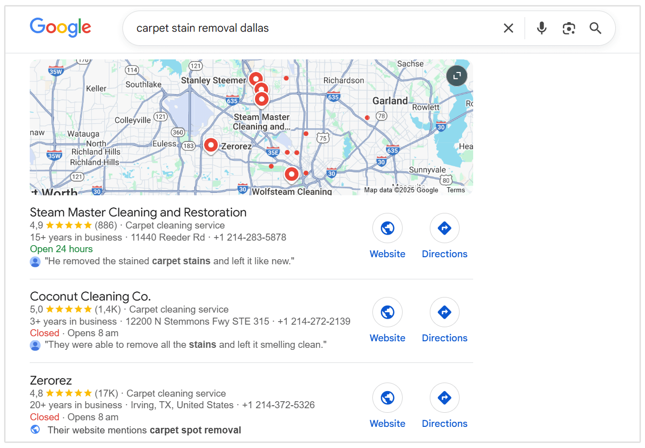 Carpet stain removal local map pack